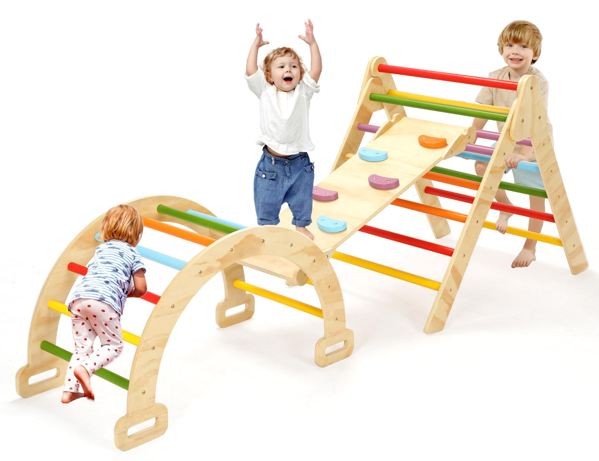 CoziBB Pikler Triangle Set, Montessori Toddler Climbing Toys Indoor, 5 in 1 Wooden Foldable Climbing Set with Arch Ramp, Triangle Climber, Pikler Triangle Gym Inside for Kids 2-4, Rainbow CoziBB