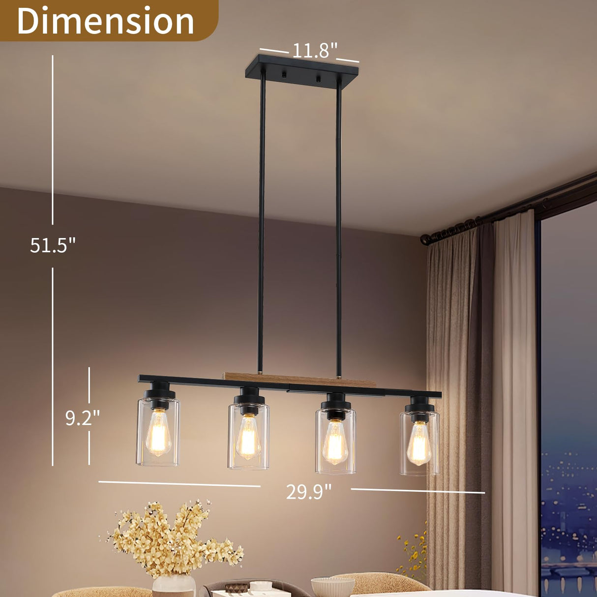 Dining Room Light Fixture Over Table,Farmhouse 4-Light Kitchen Island Lighting,Modern Wood Chandeliers for Dining Room with Adjustable Height,Industrial Black Kitchen Pendant Hanging Lights Yusist