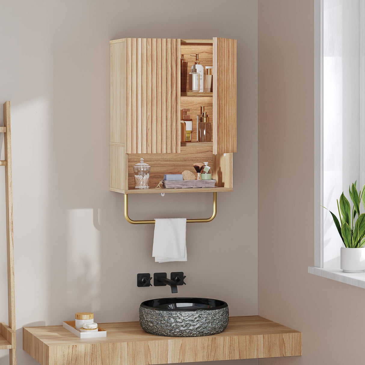 MAHANCRIS Bathroom Wall Cabinet, Wall Mounted Medicine Cabinets with Towel Bar & Adjustable Shelf, Over The Toilet Space Saver Storage Cabinet with 2 Doors, for Bathroom Laundry Room Kitchen, Natural MAHANCRIS