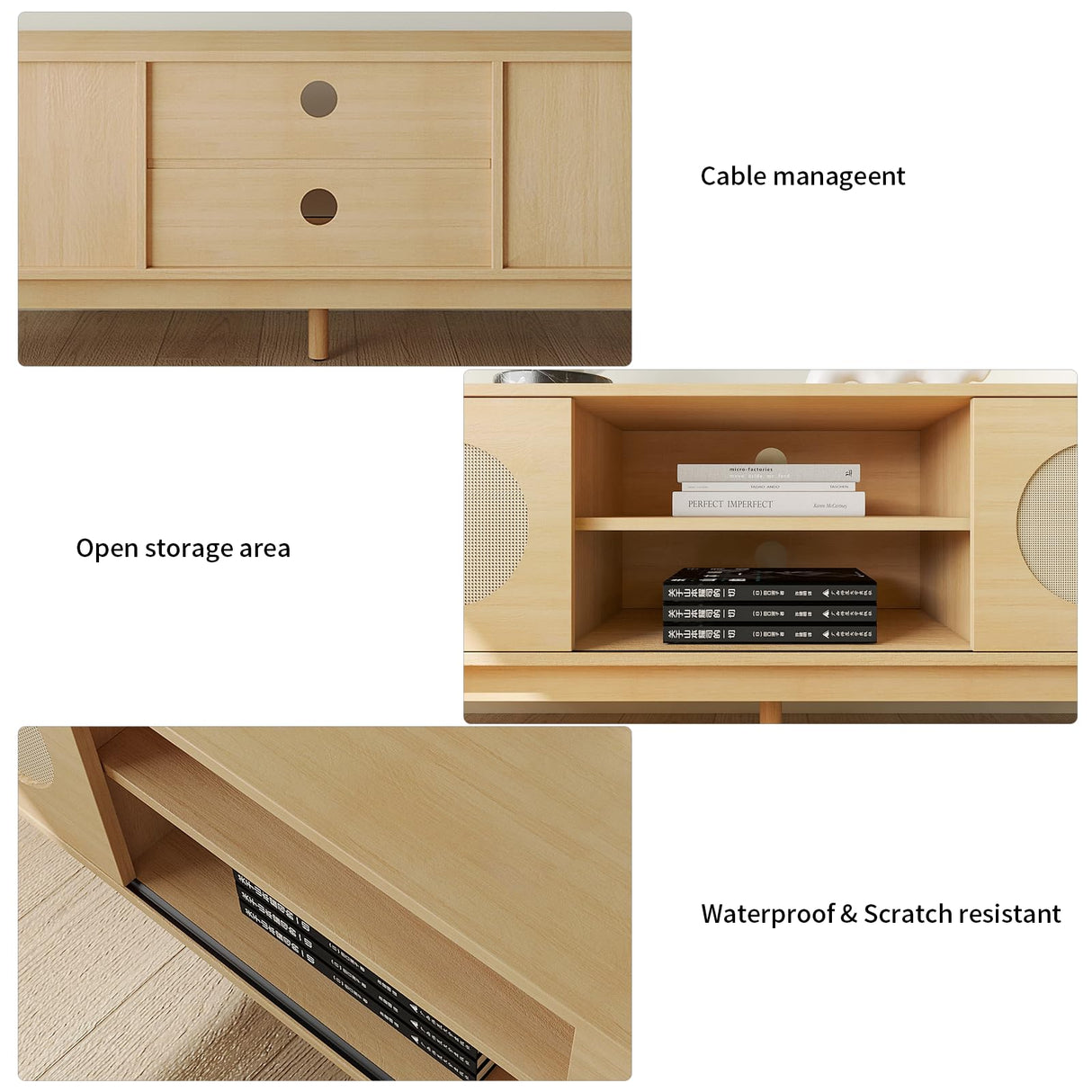 VOWNER Farmhouse Rattan TV Stand for 55/60/65 inch TV, Modern Entertainment Center with Natural Rattan Door and 2 Open Shelves, TV Console Table for Living Room, Wood Color VOWNER