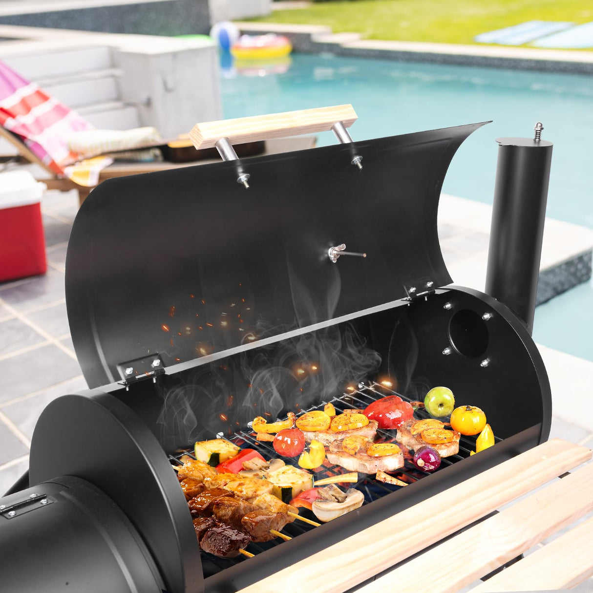 Outvita Charcoal Grill and Offset Smoker, Outdoor Patio Barbecue Cooker with Wheels, Portable Backyard BBQ Oven with Side Fire Box for Camping, Picnic, Party Outvita