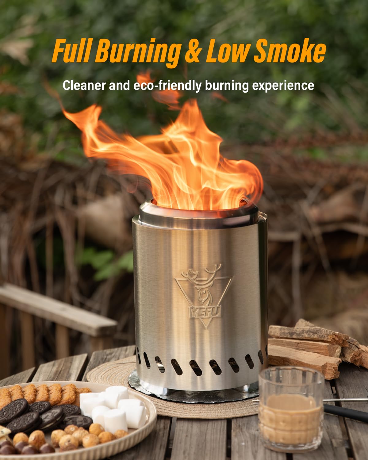 YEFU Tabletop Fire Pit 9.7 x 7.1 in, Low Smoke Camping Stove for Outdoor & Patio, Fueled by Pellets or Wood, Safe Burning Table Top Firepit, with Travel Bag & 2 Mini Sticks & Fireproof Mat, Silver YEFU