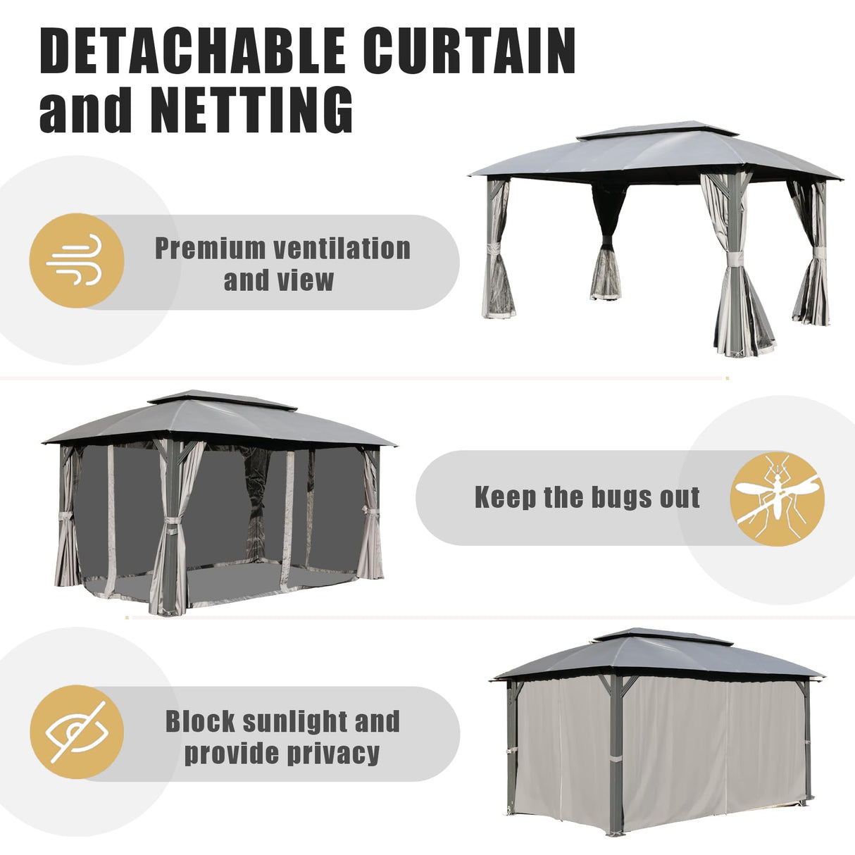 Domi 10'x14' Gazebo with Double Roof Soft Top, Patio Gazebo Canopy Tent, Upgraded 4’‘ Metal Frame for Deck Backyard Garden Lawns Gray domi outdoor living
