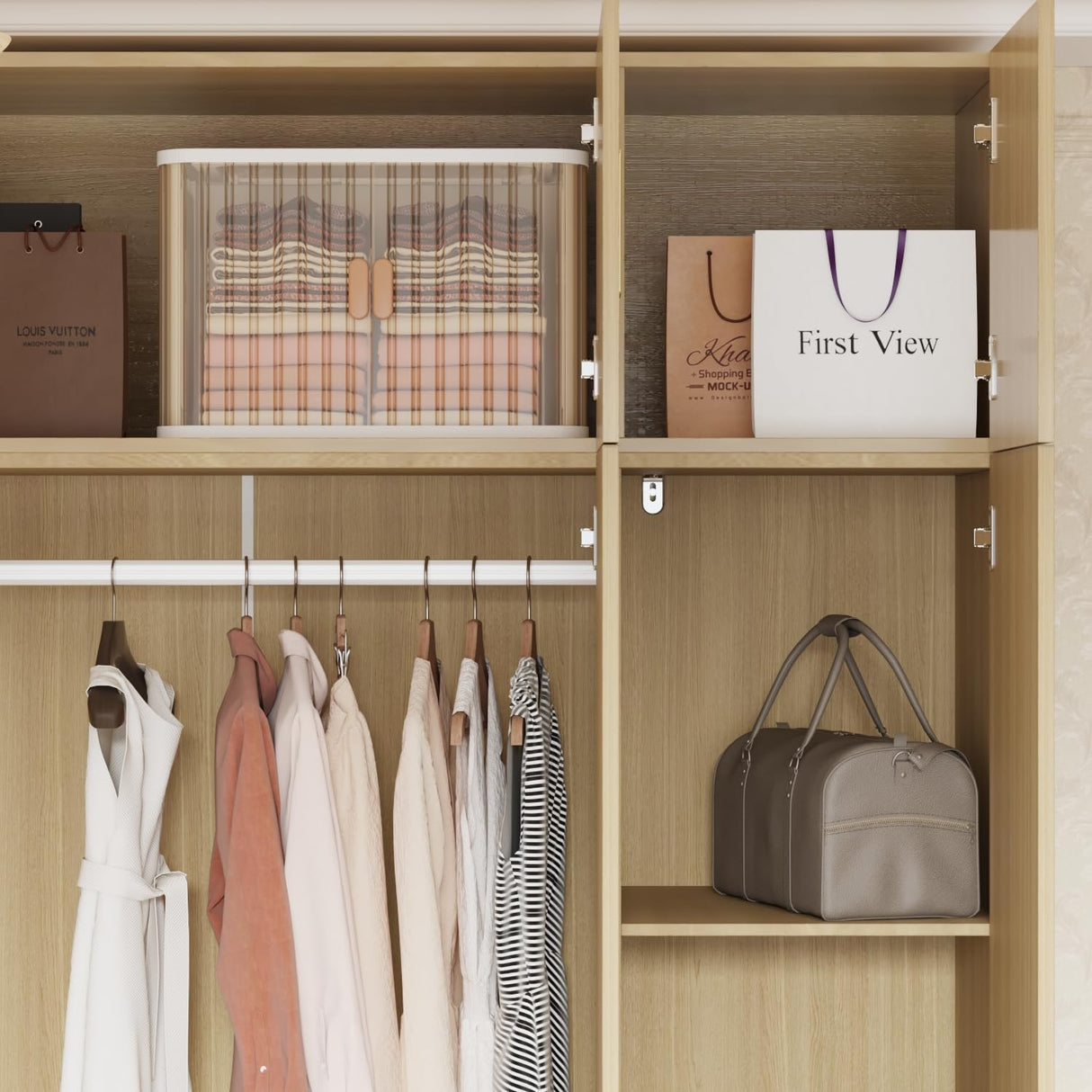 Hitow Armoire Wardrobe Closet with Hanging Rod, 2 Drawers & Shelves, 8-Door Wood Grain Wardrobe Closet with Top Cabinets, Free Standing Clothes Organizer Cabinet for Bedroom, Light Brown Hitow