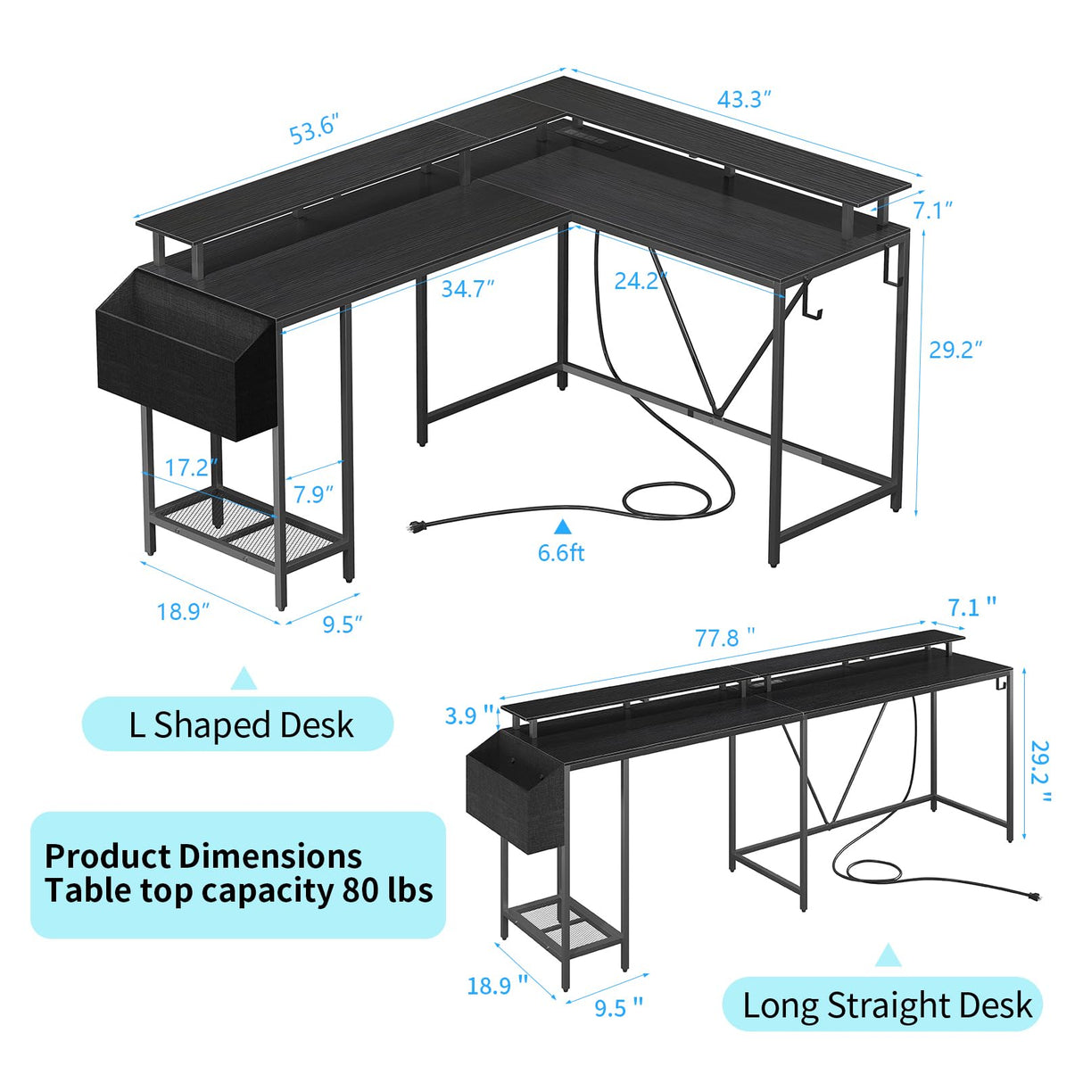 Eivanet L Shaped Gaming Desk with Power Outlets & LED Lights, Computer Desk with Monitor Stand & Storage Shelf, Home Office Desk Corner Desk with Hooks, Easy to Assemble, Black Eivanet