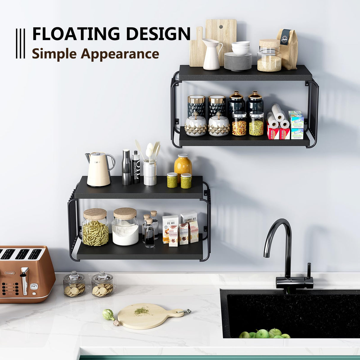 MXCSE Floating Nightstand Shelves, Modern Night Stand for Bedroom, Wood Floating Shelf for Wall, Nightstand Bedside Table, Mid Century Wall Shelves for Living Room, Bedroom (2, Black) MXCSE