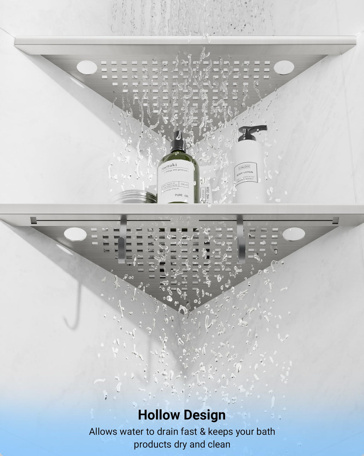 AJOBEND Corner Shower Shelves with Razor Slot & 2 Hooks, 10" Stainless Steel Recessed Triangle Shelf Racks for Bathroom, Grout in Shelf for Tiled Wall, 2 Pack (Holds 15lbs) AJOBEND