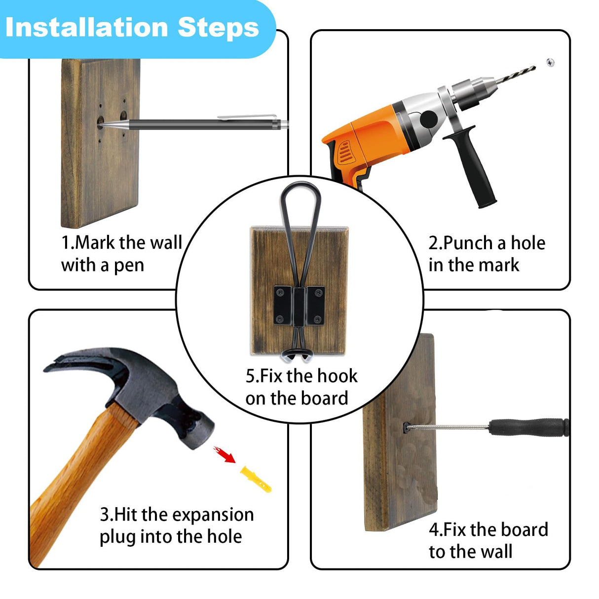 TEGUEPS Wall Hooks for Hanging,Coat Hooks,Hat Hangers for Wall,2 Pack Adhesive Towel Hooks for Bathroom,Wood Coat Rack for Robe Keys Backpack Purse(Weathered Brown) TEGUEPS