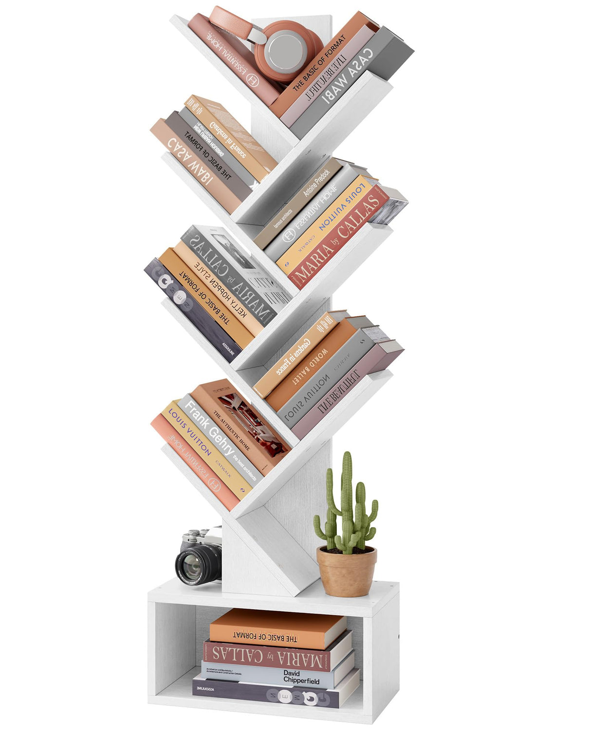 Hoctieon 6 Tier Tree Bookshelf, Tall Bookcase with Drawer, Freestanding Book Shelf, Display Floor Standing Storage Shelf, Book Organizer Shelves for Home Office, Living Room, Bedroom, White Hoctieon