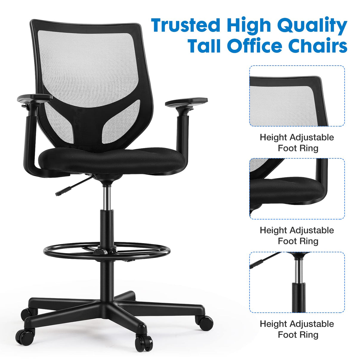 Drafting Chair - Tall Standing Office Desk Chair with Adjustable Foot Ring, Chair with Ergonomic Lumbar Support, Adjustable Height, Breathable Mesh OLIXIS