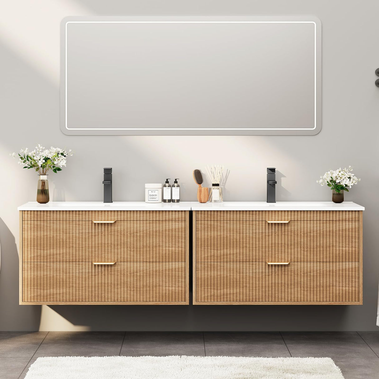 Vabches 30 Inch Bathroom Vanity with Sink, Floating Bathroom Vanity with 2 Storage Darwers, Wood Grain Wall Mounted Vanity with Storage, Bathroom Floating Vanity with Sink, Faucet, Drain Vabches