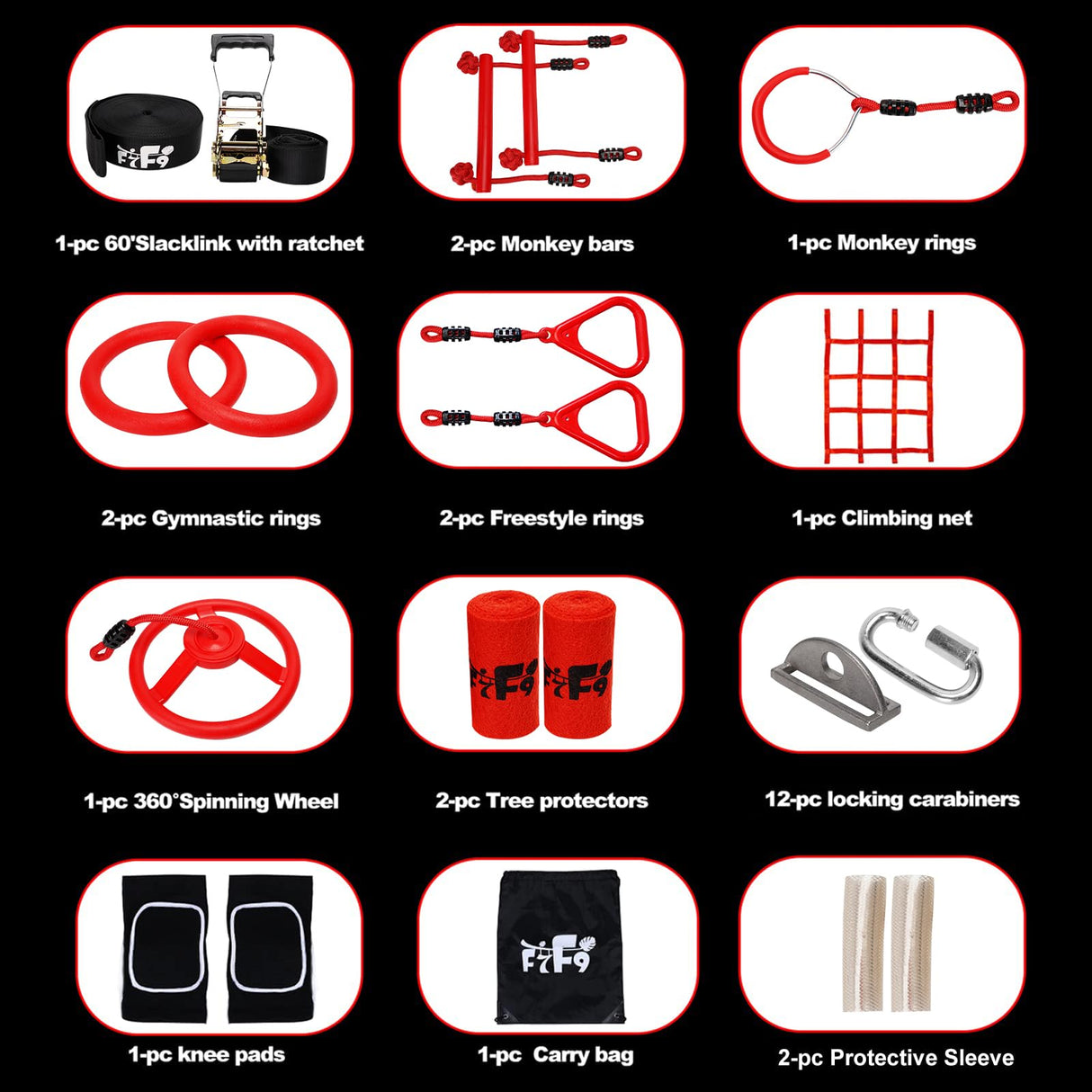 Ninja Warrior Obstacle Course for Kids Backyard with A Pair of Knee Pads, 60’ Ninja Slackline and Slackline Protective Tube with Unique Obstacles Climbing Net, Ninja Wheel, Monkey Bars, Gym Rings F7F9