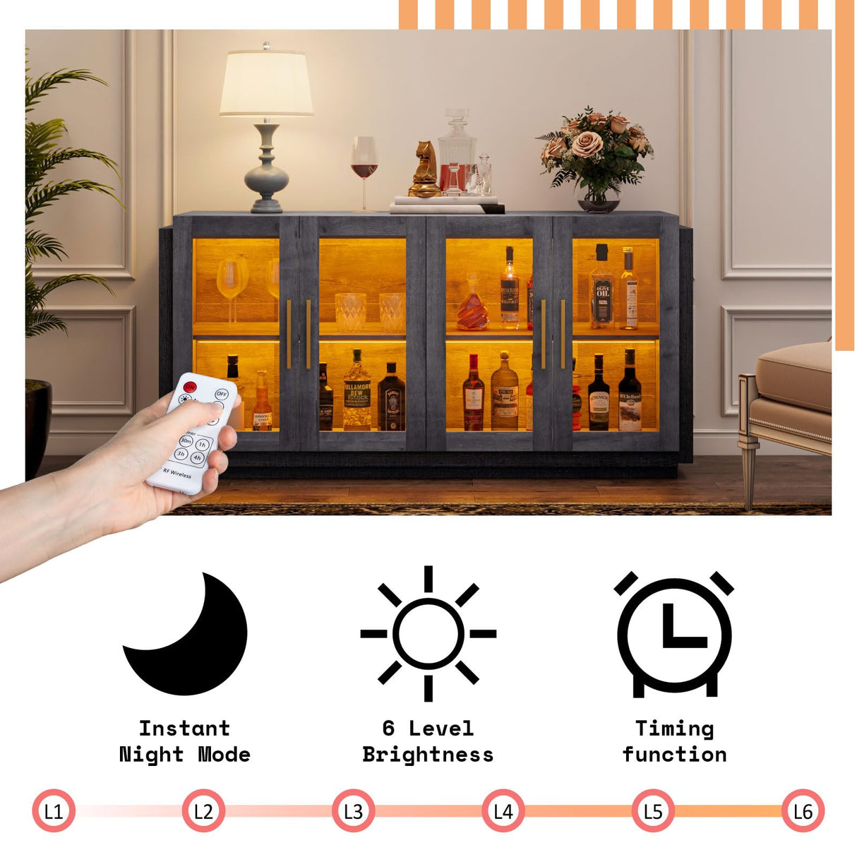 AMERLIFE Sideboard Buffet Cabinet with LED Lights, Mixed Color Accent Cabinet with Glass Doors and Adjustable Shelf, Hallway Storage Cabinet Console Table for Living Room, Dining Room, Black and Gray AMERLIFE