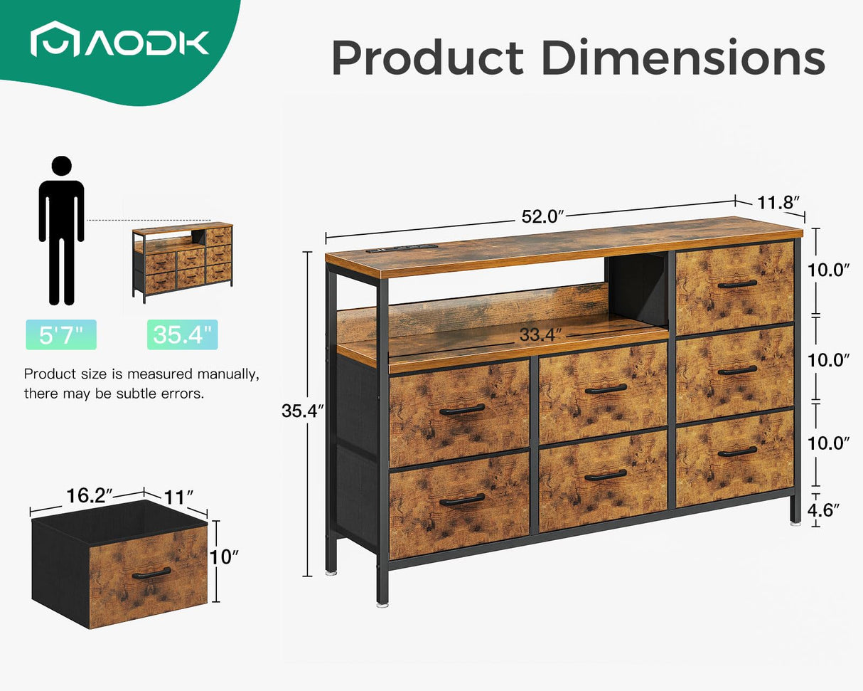 AODK Dresser with Charging Station, 52-Inch Long Dresser for Bedroom with 7 Large Fabric Drawers, Dresser TV Stand with Open Shelves for 55-Inch TV, Vintage and Vintage AODK