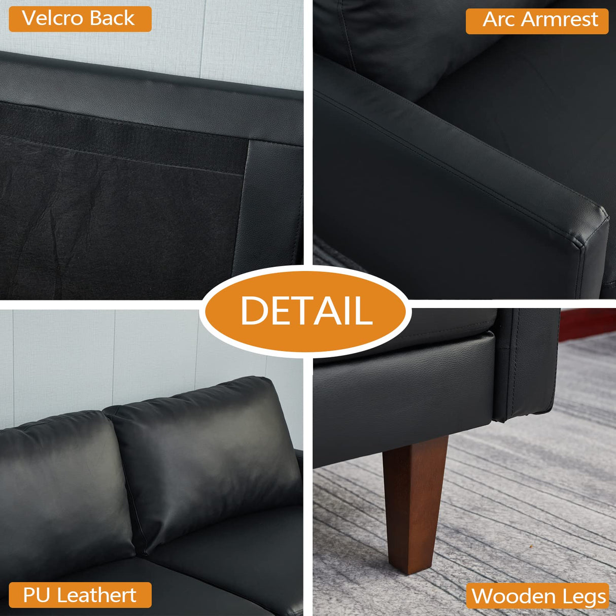 INSTORY Leather Sofa Modern Couch with Wooden Legs for Living Room, Office - Black INSTORY