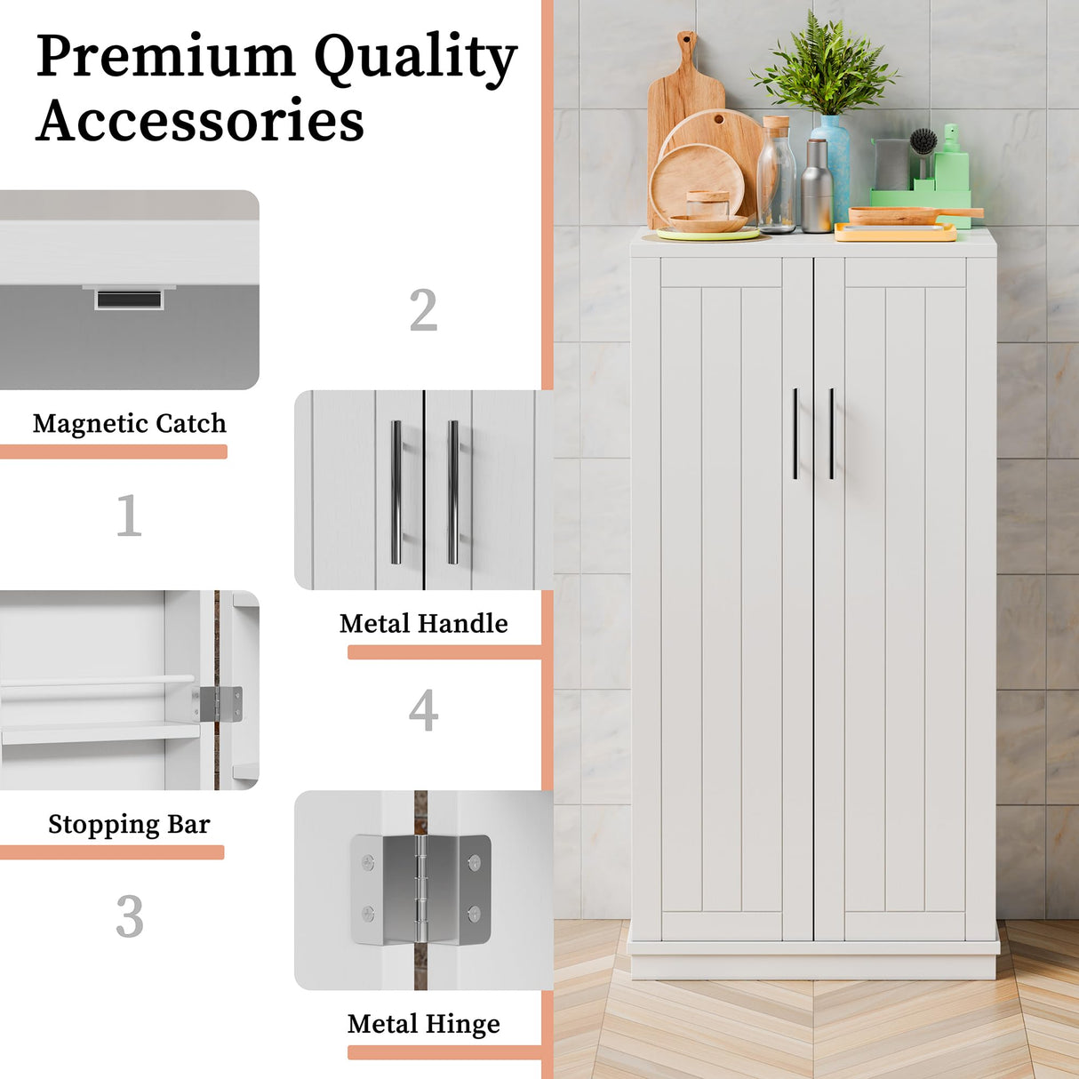 Meilocar 47in Kitchen Pantry Cabinet, Wood Kitchen Storage Pantry Cabinets Freestanding Pantry Cabinet with Doors & Adjustable Shelves, Pantry Cabinet for Kitchen, Living Room, White Meilocar