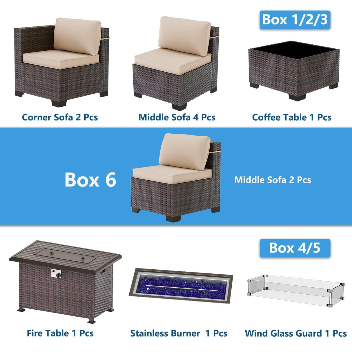 ASJMR Outdoor Patio Furniture Set with Fire Pit Table, 10 Pieces Outdoor Furniture Set Patio Sectional Sofa w/43in Propane Fire Pit, PE Wicker Rattan Patio Conversation Sets - Brown ASJMR