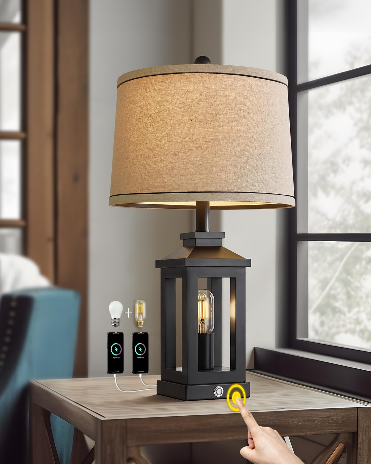 G-SAFAVA 23.75" Retro Farmhouse Black Table Lamp for Living Room Bedroom Nightstand Single Pack Touch Control Bedside Nightlight Vintage Modern Lamp with USB C+A Ports and 2 Light Sources G-SAFAVA