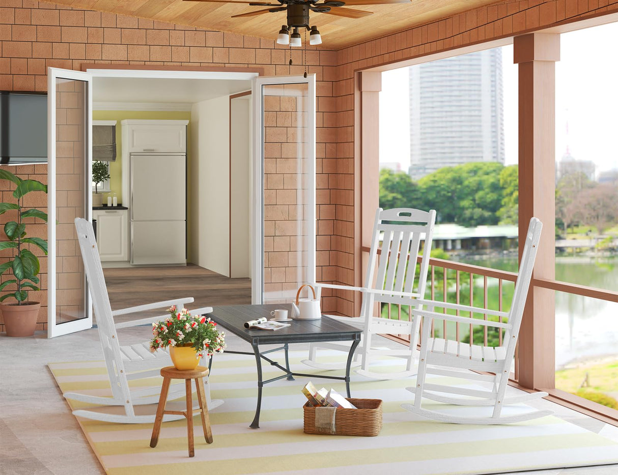 POLYDUN Outdoor Rocking Chair, Looks Like Wood, High Back Poly Lumber Patio Rocker Chair, 365Lbs Support, All-Weather Porch Rocking Chair for Lawn, Backyard, Indoor, Garden, White POLYDUN