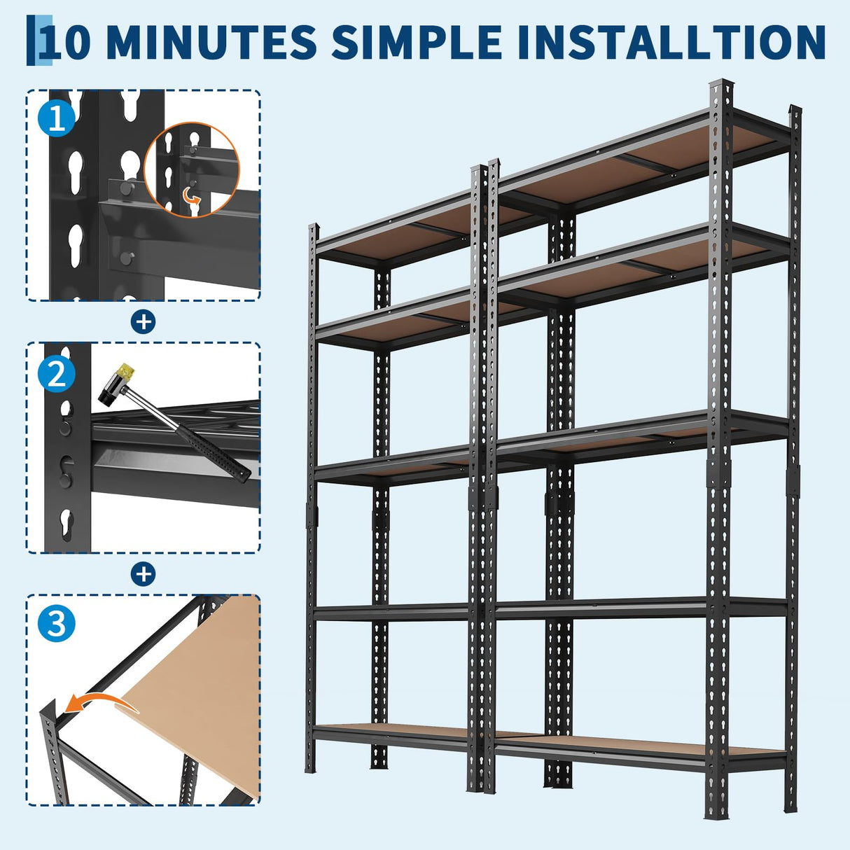 Storage Shelves 5 Tier Garage Shelving Heavy Duty Adjustable Metal Shelving Unit, Garage Shelves for Basement, Warehouse, Pantry, Closet, Kitchen 72 in H x 48 in W x 24 in D, Black Garvee