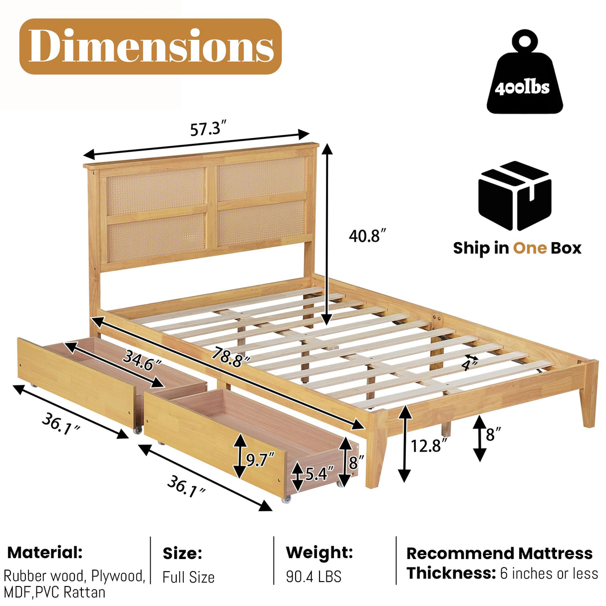 MoproBeti Full Bed Frame with Rattan Headboard,Rubber Wooden Boho Bed Frames with 2 Storage Drawers and Support Legs,No Box Spring Needed, White Oak MoproBeti