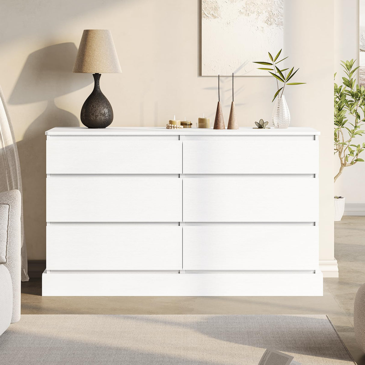 DICTAC 6 Drawers Dresser for Bedroom, White Modern Chest of Drawers, Storage Tower Clothes Organizer Closet, Long Double Dresser with No Handle Drawers, Dimensions 51.6''L x 15.7''D x 29.3''H DICTAC