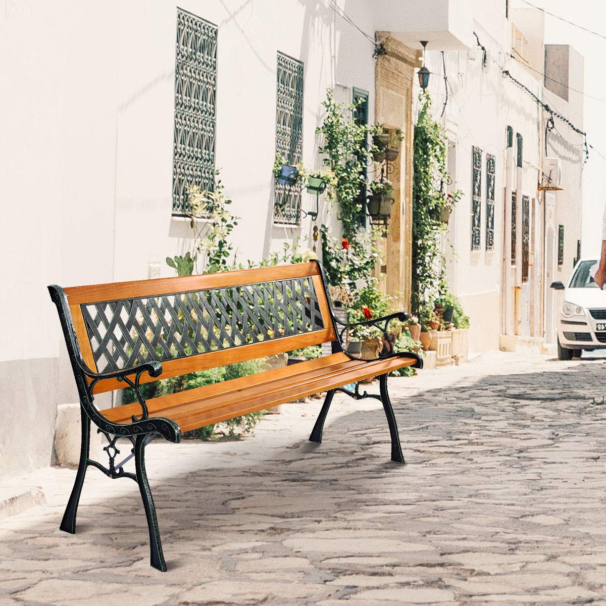 Giantex 50'' Patio Bench, Outdoor Furniture Cast Iron Hardwood Frame Porch Loveseat, Weather Proof Porch Path Chair for 2 Person Outside Bench Giantex