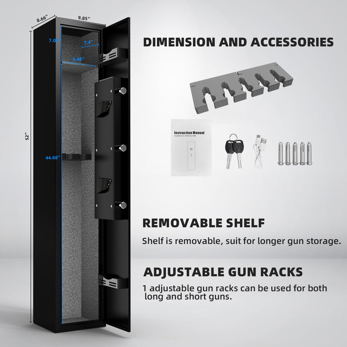 Emasme Gun Safe,Gun Safes & Cabinets Heavy-Duty Gun Safe for Home Rifle Pistols and Shotguns, Gun Cabinet Lock with Adjustable Rack, Pockets and Removable Shelf and Gun Rack Emasme
