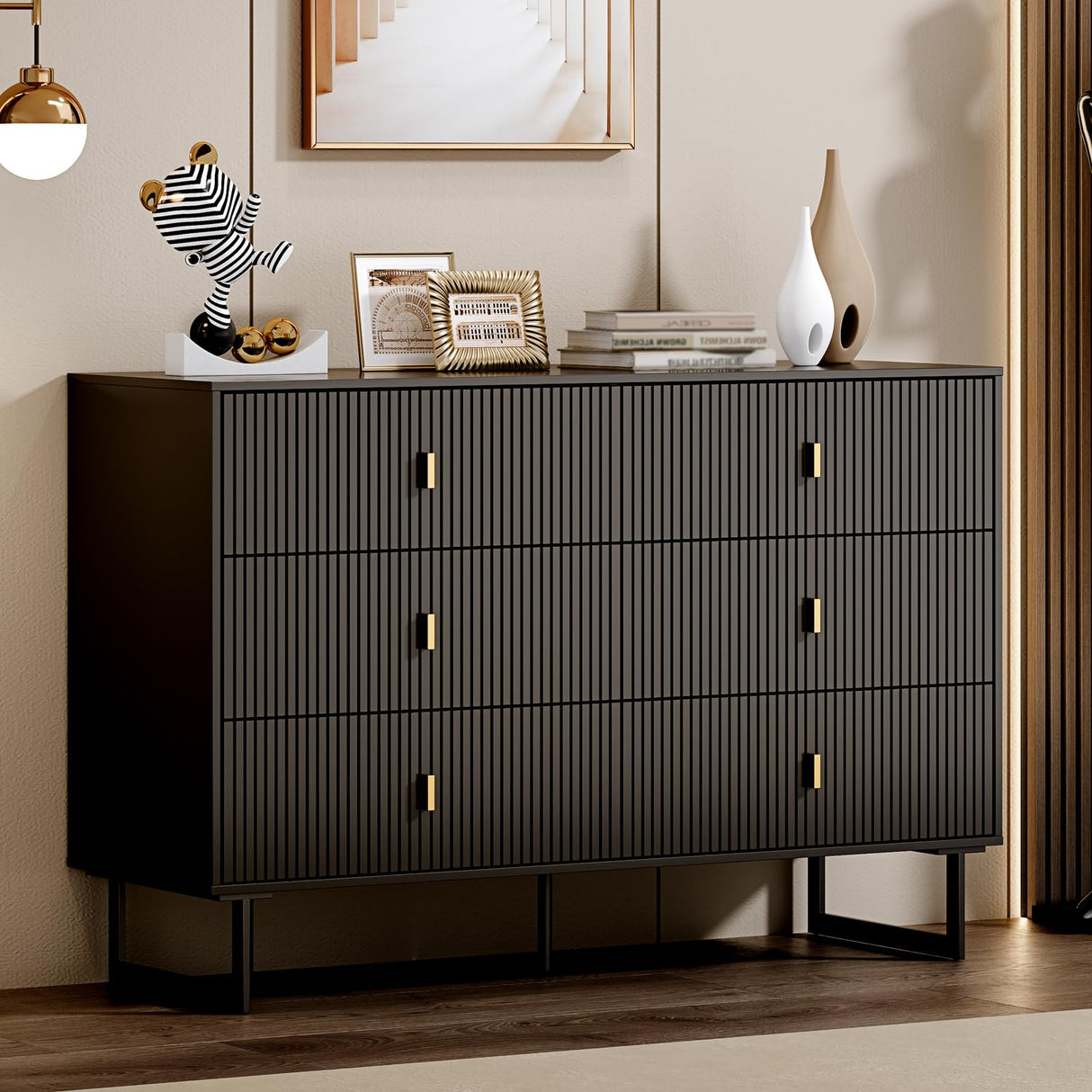 Chrangmay Modern Chest of Drawers with 6 Drawers,Deep Drawers,Clothes Organizer,Large Storage Cabinet for Living Room, Bedroom,Hallway,with Anti-Tipping Device,Black Chrangmay