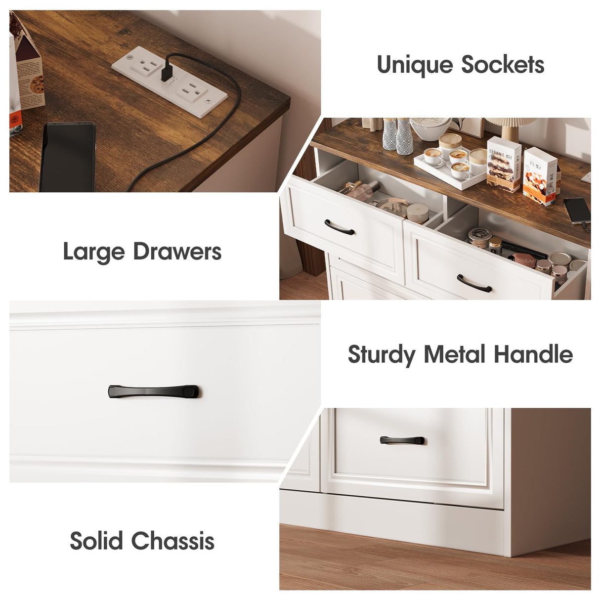 Fameill Dresser for Bedroom, 6 Drawer Wide Dresser Organizer with Charging Station, Tall Dresser for Hallway, Wood Dresser with Metal Handles, Farmhouse Fameill