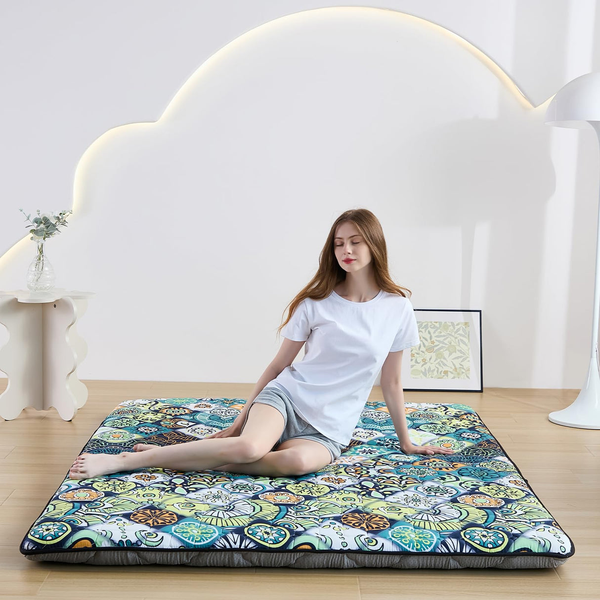 Zelladorra Japanese Floor Mattress Futon Mattress Twin, Anti Slip Floor Futon Mattress Sleeping Mat Foldable Floor Mattress for Camping and Guest, Boho Green Checkered Zelladorra
