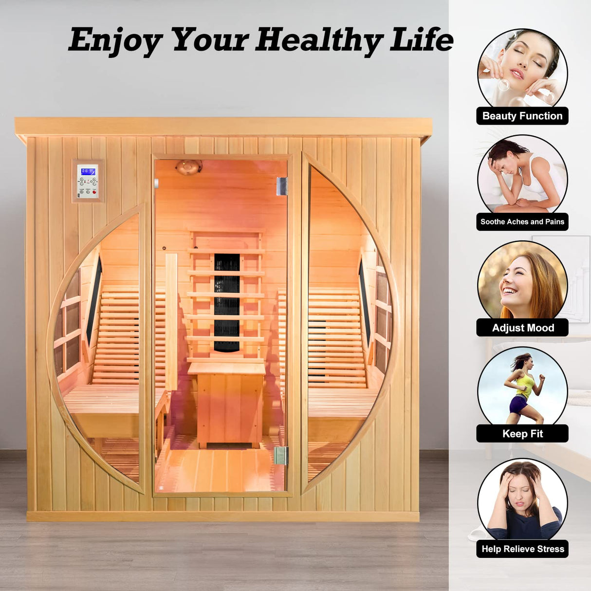 ZONEMEL Far Infrared 2 Person Wooden Sauna Room with Recliner, Canadian Hemlock Luxury Indoor Sauna with 9 Heating Panels, Oxygen Bar, 3400 Watt, Infrared Therapy Wood Dry Heat Sauna, 220V ZONEMEL