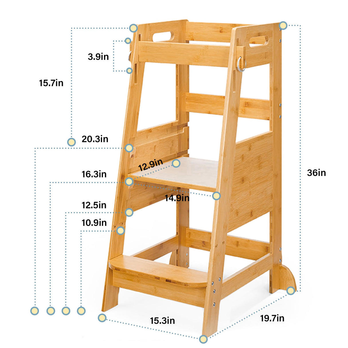 TOETOL Bamboo Toddler Step Stool Kids Kitchen Counter Learning Stool Standing Helper Tower 3 Height Adjustable Bathroom Sink with Safety Rail,Natural TOETOL