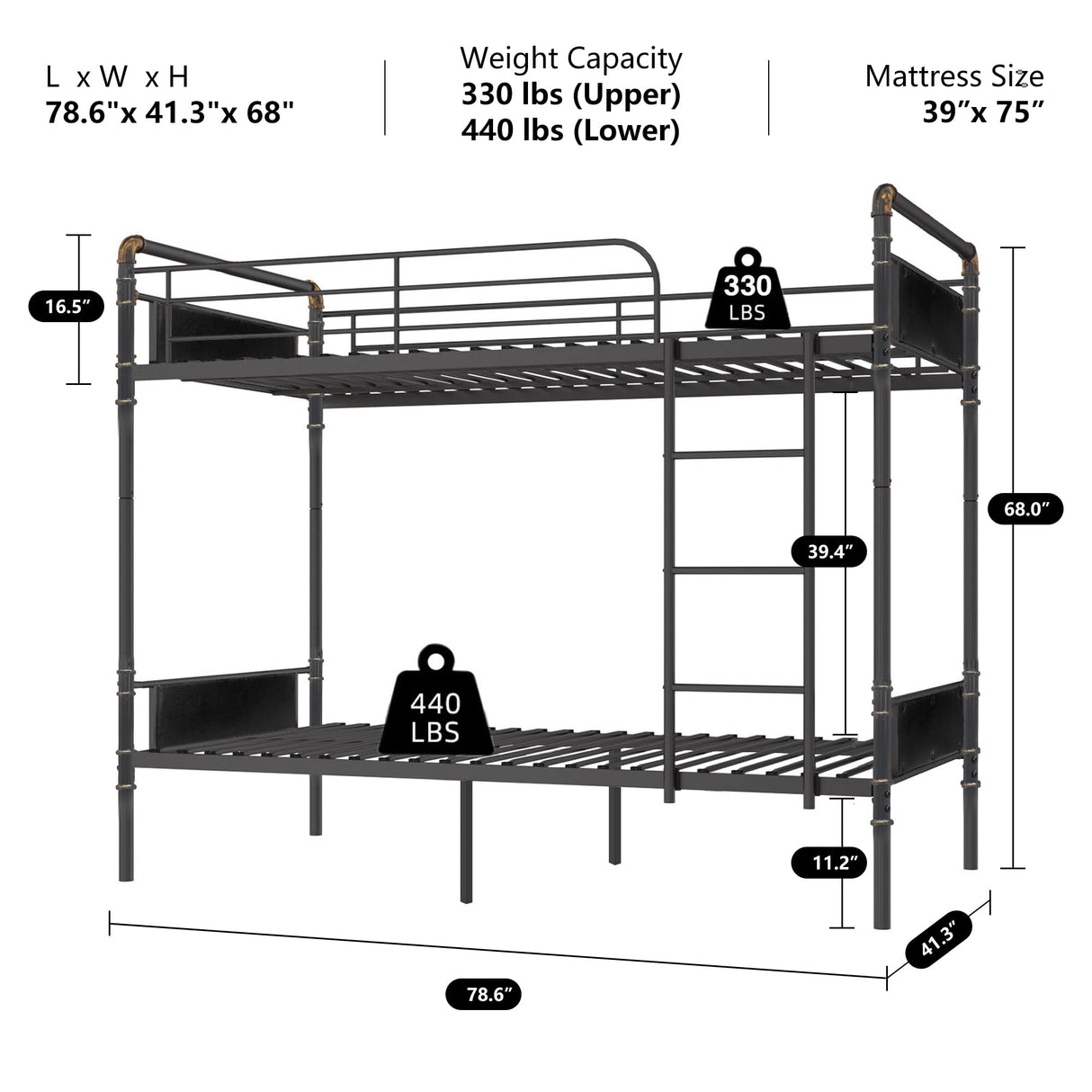 2 IN 1 Metal Bunk Bed Twin Over Twin, Convertible Twin Bunk Beds into 2 Individual Twin Size Bed for Kids Adults, 16.5" High Guard Rail,Space-Saving No Box Spring Needed Easy Assembly (Black) Whalefall