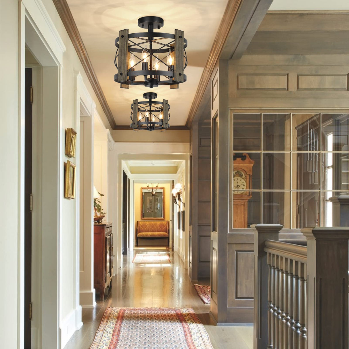 BrightHome Farmhouse Rustic Light Fixture Ceiling Mount, Semi Flush Mount Ceiling Light Fixture, 4-Light Black Industrial Retro Washed Ceiling Light for Kitchen Dining Room Bedroom Hallway Bathroom BrightHome