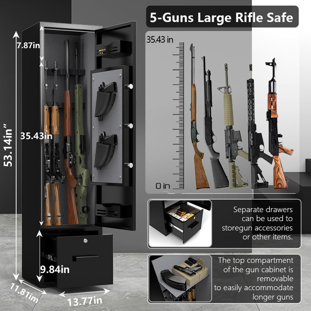 HEANVO 4-6 Gun Safe, Gun Cabinet for Home Rifle and Pistols, Quick Access Safes with LED Lights for Shotguns, Sturdy Anti-Theft Gun Safe with Bottom Drawer and Pistol Holder-Upgraded Digital Keypad HEANVO