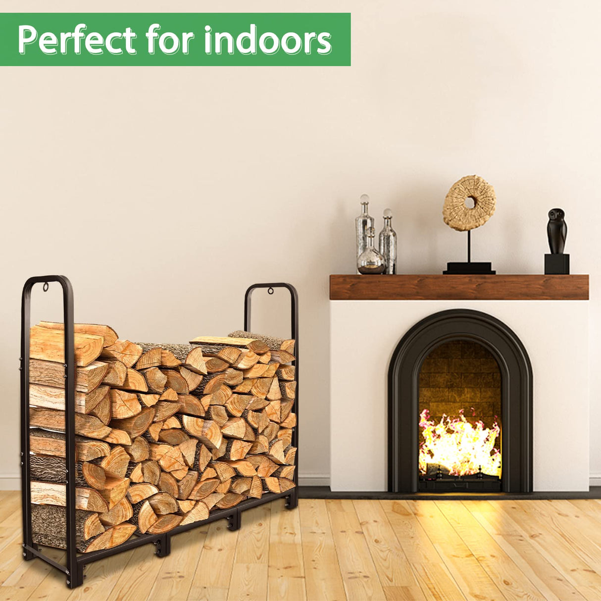 CONNOO 4ft Firewood Rack Stand Heavy Duty Firewood Log Rack Holder Fireplace Wood Storage Holder for Indoor Outdoor Metal Pile Log Stand Stacker Holder, Matte Black CONNOO
