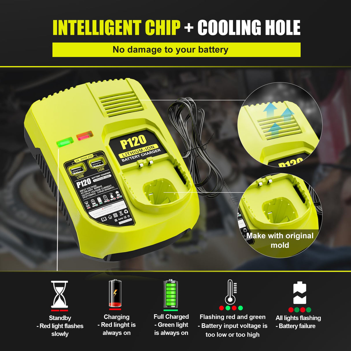 【with 2 USB Port】 Charger Replacement for Ryobi 18V Charger P117 Compatible with Ryobi 12V-18V One+ Lithium NiCad NiMh Battery P102 P108 P189 P197 P103 P105 P107 P190 P191 PBP002 PBP005 TenHutt