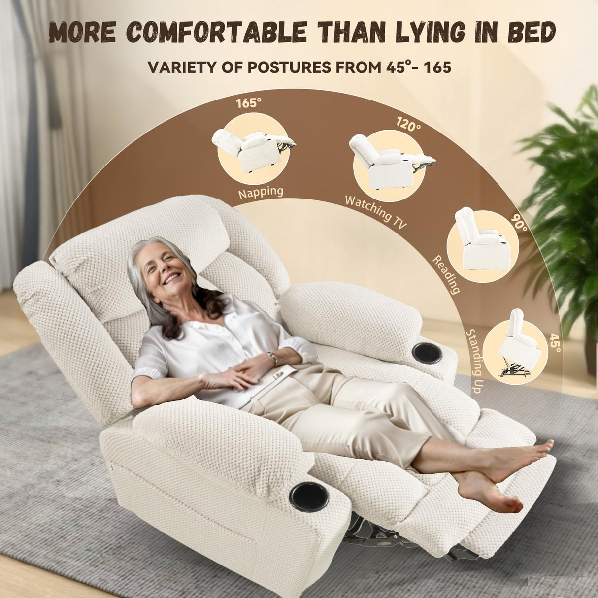 Neioml Large Wide Power Lift Chair Recliner for Elderly, Heat & Vibration Massage, Extended Footrest for Big and Tall, Cup Holders Side Pockets, Easy Remote, (Plush Flannel, Cream White) Neioml