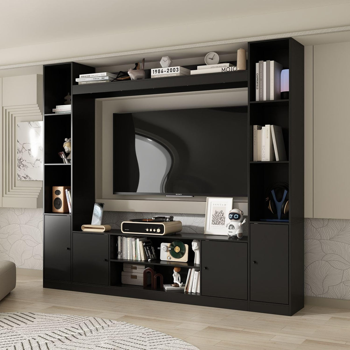 TAMUNE Entertainment Center with Bookshelves Modern Media Center with Open Shelves & Bridge TV Wall Unit with Doors, for Living Room Black (81.1”W x 11.8”D x 70.9”H) TAMUNE