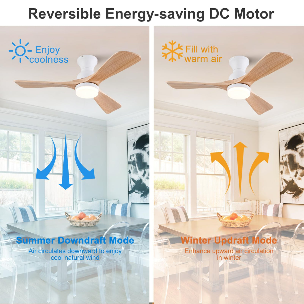 XBIBI 42 Inch Low Profile Ceiling Fan with Light and Remote, 6 Speeds DC Motor Flush Mount Ceiling Fan, 3 Color Temperatures Wood Hugger Ceiling Fans with Lights, Indoor Outdoor Ceiling Fans XBIBI