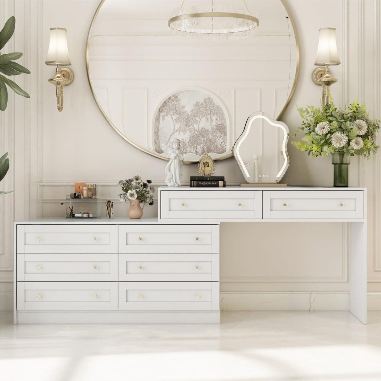 TAMUNE L-Shaped Dressing Table with 8 Drawers, Extendable Vanity Desk and Dresser Combo, Wood Vanity Dresser Makeup Desk, Wide Desktop, for Bedroom Dressing Room, White (47.8”W x 47.2”D x 31.5”H) TAMUNE