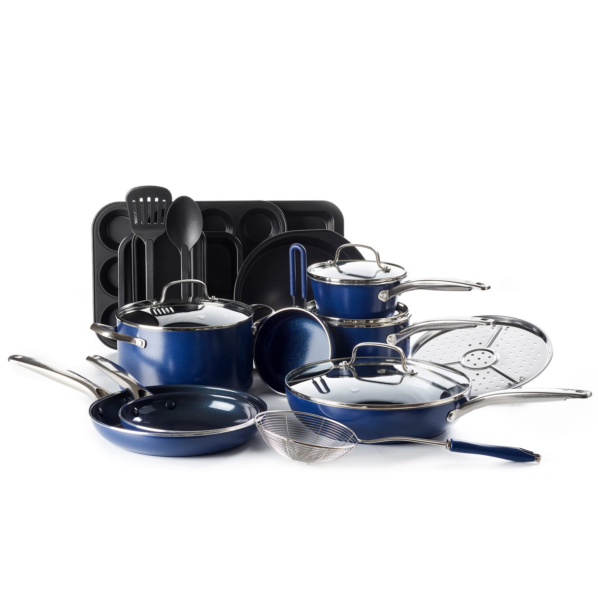 Blue Diamond 20 Piece Cookware and Bakeware Set, Diamond Infused PFOA PFAS-Free Ceramic Nonstick Pots and Pans, Durable Nontoxic Metal Utensil Safe & Scratch Resistant, Dishwasher & Oven Safe, Blue Blue Diamond