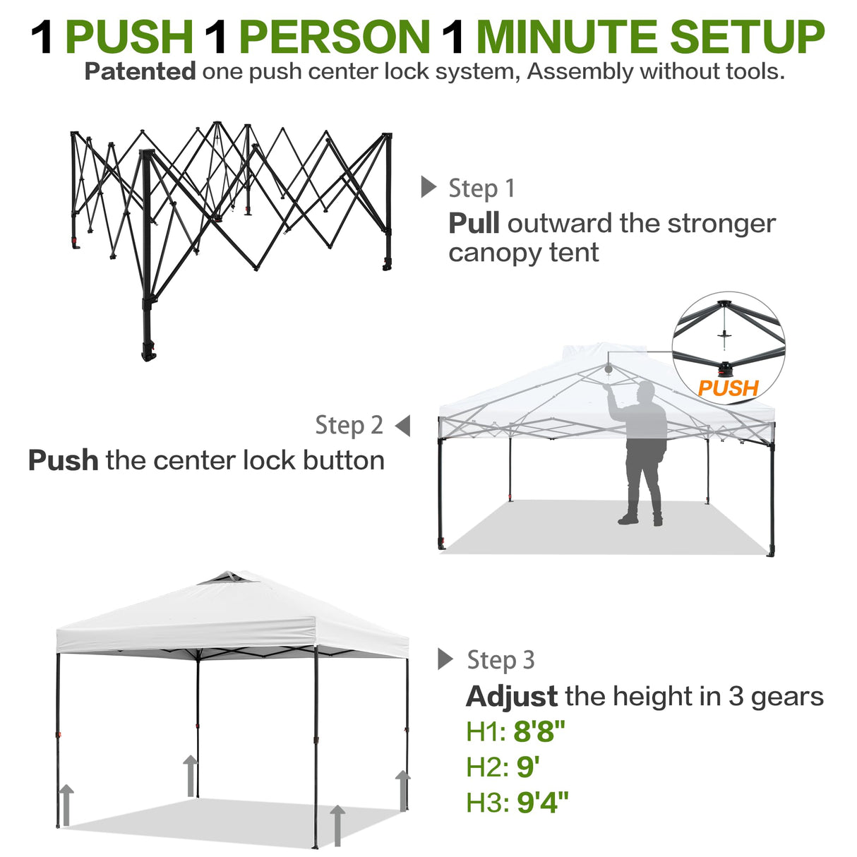 Tunbne 10'x10' Pop Up Canopy Tent with Sidewall and 6 Pockets, Patented One Push, Instant Shade Canopy with Vented Roof for Patio Outdoor, Case, 8 Stakes, 4 Ropes, 4 Sandbags (White) Tunbne