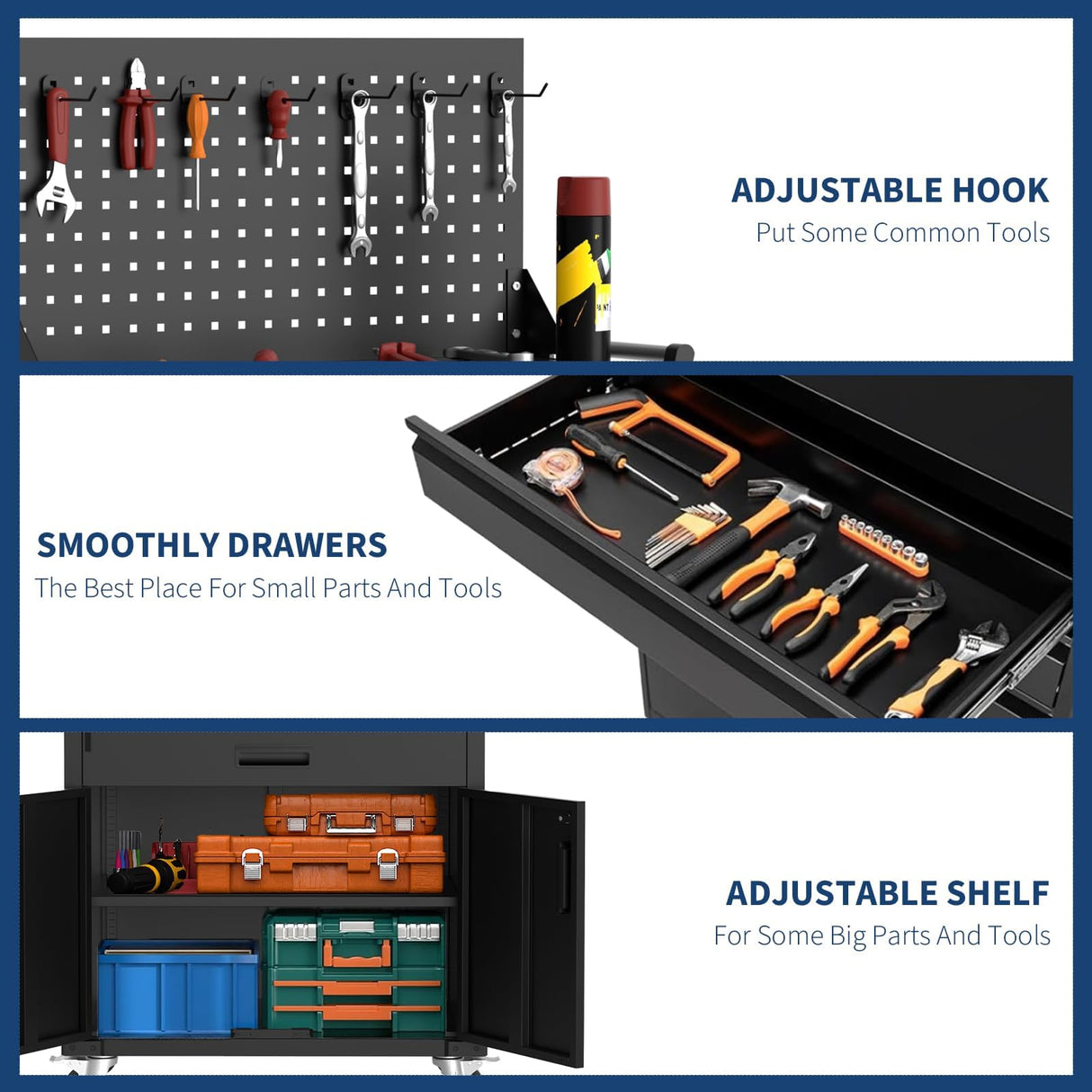 35.4" Tall Heavy-Duty Steel Rolling Tool Cabinet, Mobile Workbench with 2 Deep Drawers, Pegboard, Adjustable Shelves & Locking Casters, Garage Workshop Warehouse Storage Organizer Tioutbot