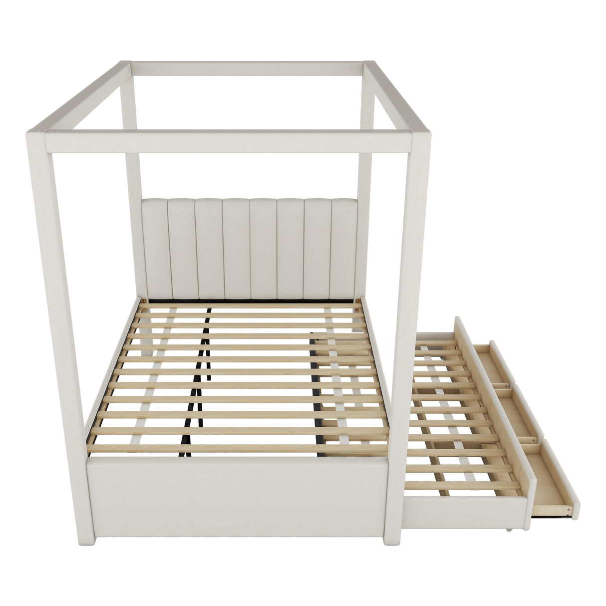 Modern Upholstered Canopy Platform Bed with Trundle & Storage Drawers - Full Size in Beige/Linen RUNNA