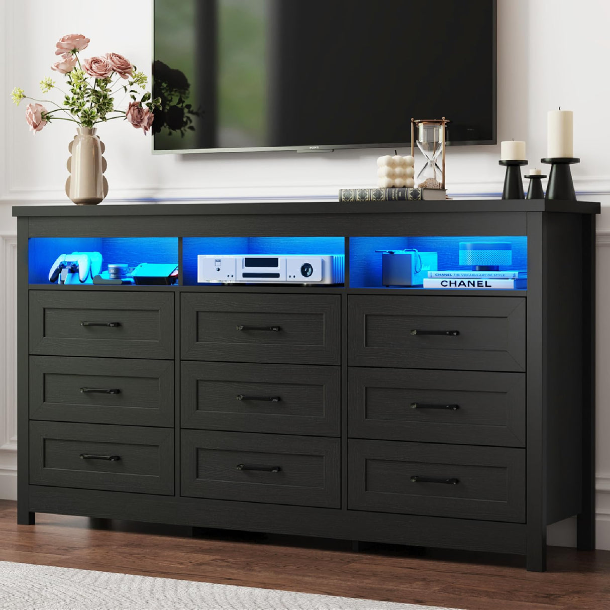 Hlivelood Farmhouse 9 Drawer Dresser with LED Lights, 63" Wide Large Chest of Drawers for Bedroom, Modern Wood Dresser Storage Organizer with Charging Station for Living Room, Bedroom, Hallway, Black Hlivelood