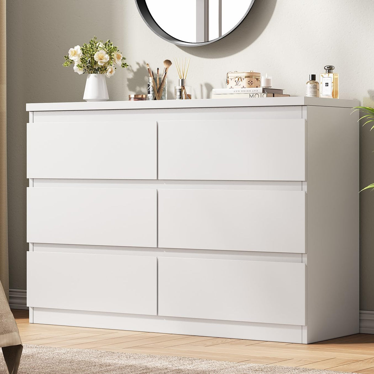 Jocoevol White 6 Drawer Dresser for Bedroom, 15.3" D x 47.2" W x 32.3" H in Simply Modern Chest of Drawers, Wood Storage Double Dresser with Deep Drawers for Living Room, Hallway Entryway, White Jocoevol