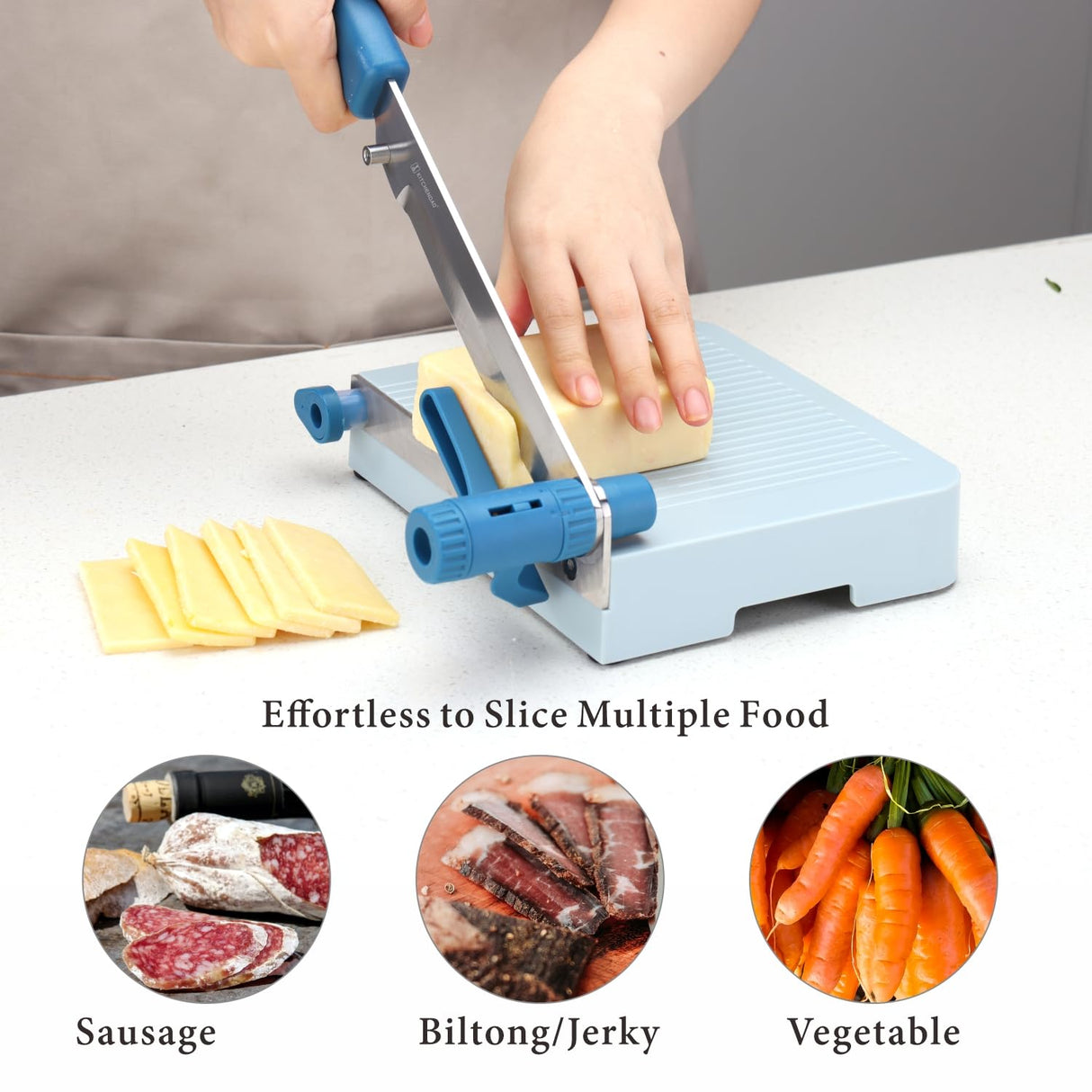 KITCHENDAO Multipurpose Cheese Slicer Cutter with Board for Arthritic and Weak Hands, Adjustable Thickness Dial for Block Cheese, Effortless Slicing, Guillotine Sausage Ham Biltong Jerky Slicer KITCHENDAO