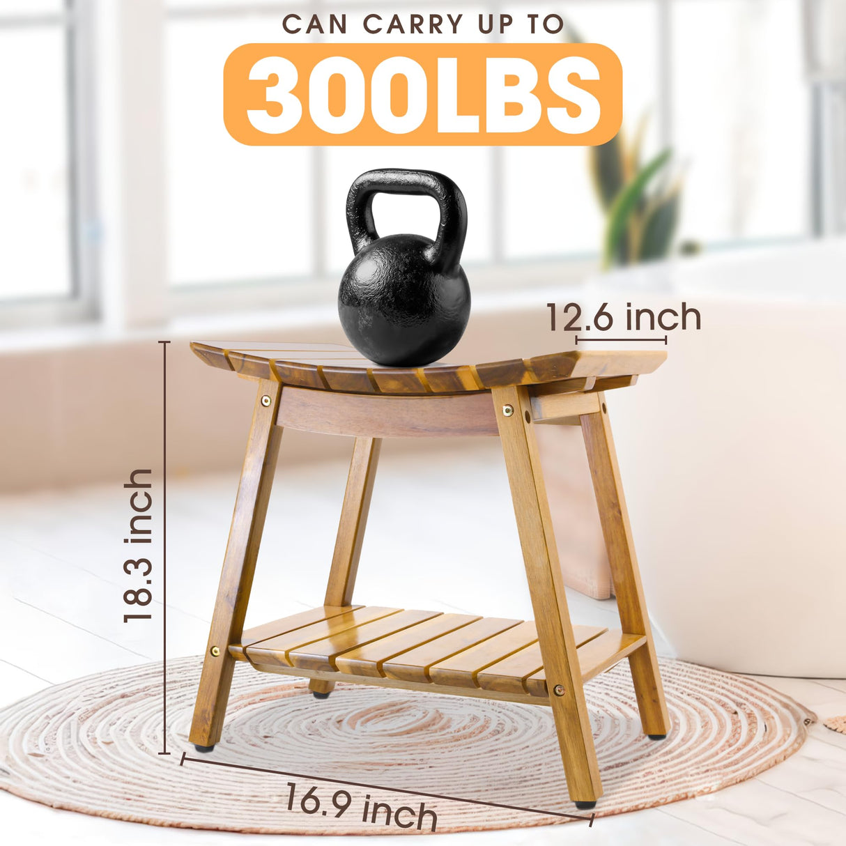 Acacia Shower Stool Bench for Inside Shower to sit on, 18 Inches Shower Chair with Shelf for Shaving Legs, Spa, Bath Seat, Waterproof Inside Shower Bench for Adults Seniors Elderly (18 in with Shelf) ENKEZI